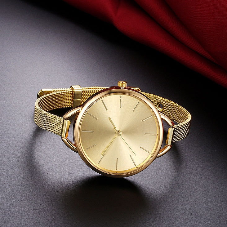 Solid Color Large Dial Stainless Steel Slim Mesh Belt Quartz Watch for Women