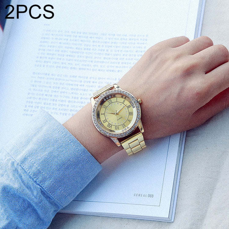 2 PCS Stainless Steel Wrist Watchs Crystal Quartz Bracelet Watch