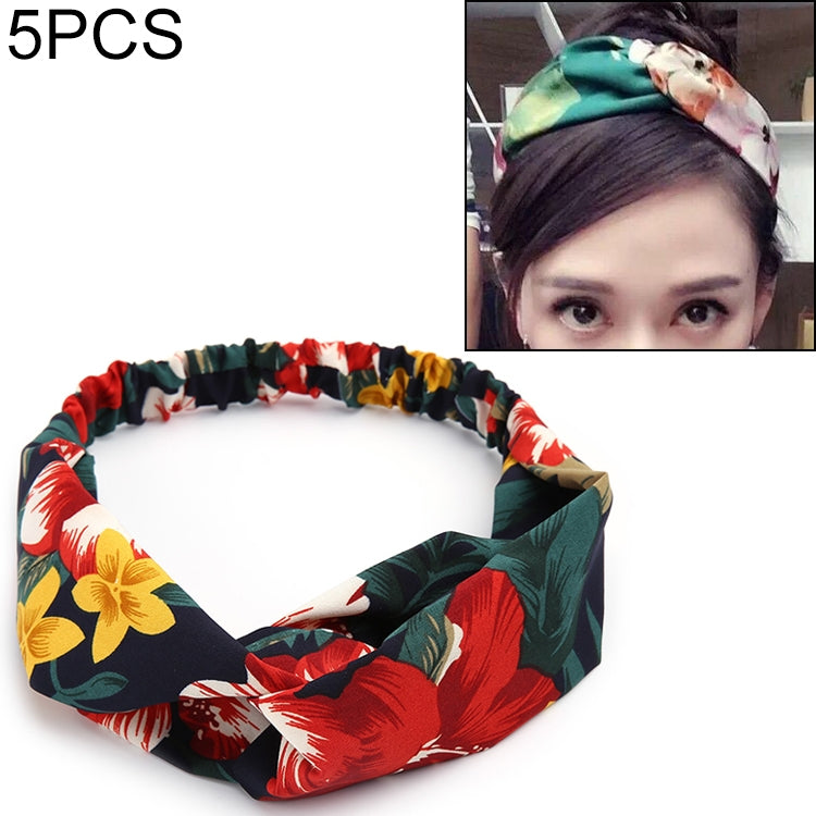 5 PCS Retro Floral Printed Ladies Classic Cross Hair Bands