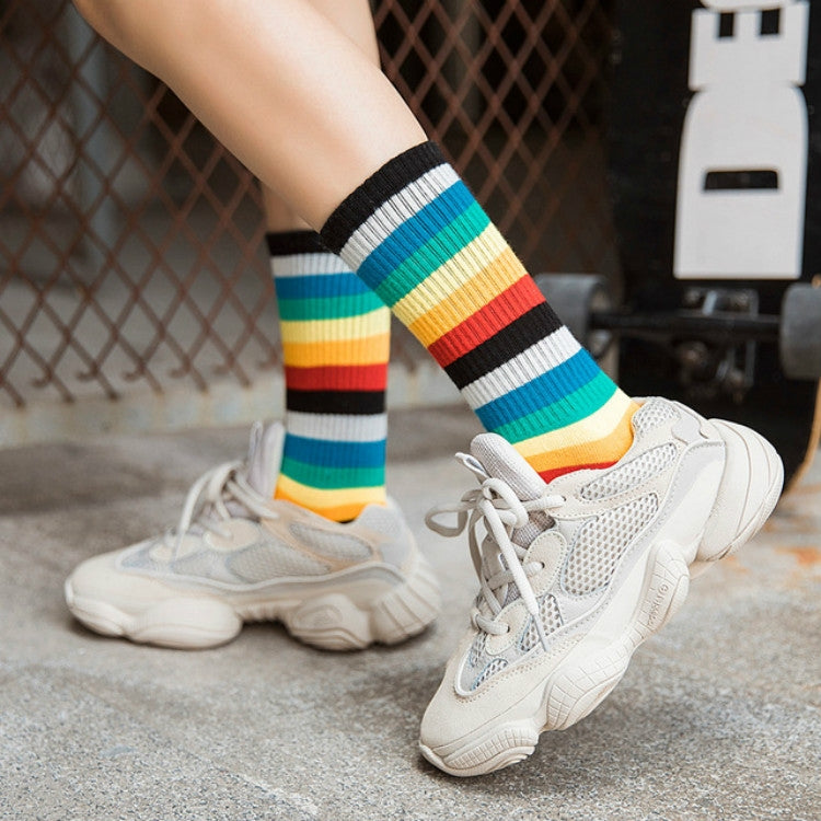 Retro Personality Rainbow Striped Tube Socks Street Sports Stockings, Size:One Size