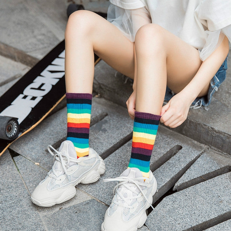 Retro Personality Rainbow Striped Tube Socks Street Sports Stockings, Size:One Size