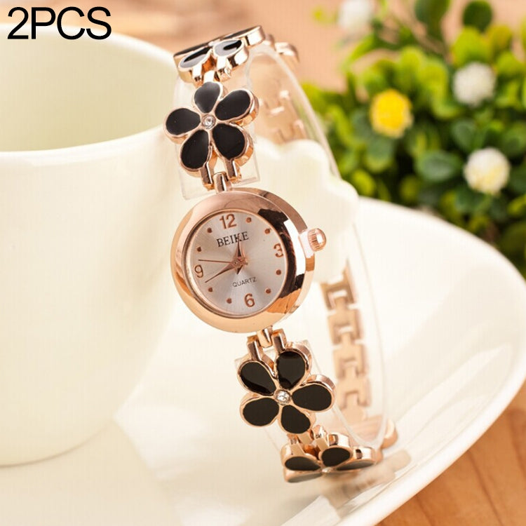 5015 2 PCS Women Rhinestone Flower Alloy Bracelet Quartz Watch