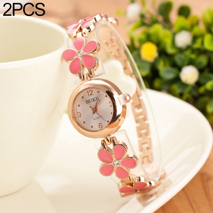 5015 2 PCS Women Rhinestone Flower Alloy Bracelet Quartz Watch