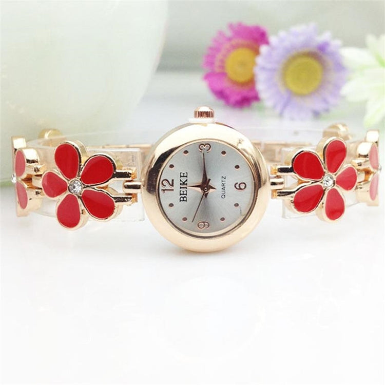 5015 2 PCS Women Rhinestone Flower Alloy Bracelet Quartz Watch