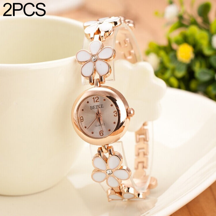 5015 2 PCS Women Rhinestone Flower Alloy Bracelet Quartz Watch