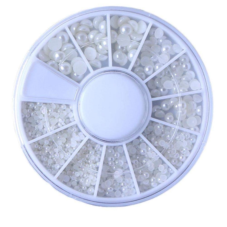 White Pearl Nail Art Stone Various Size Wheel Rhinestones Beads Nail Decoration Set