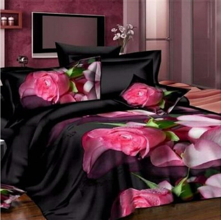 4 PCS Cotton 3D Rose Bedding Sets Soft Duvet Cover Bedsheet Pillowcase Reactive Printed Bedclothes Queen Bed
