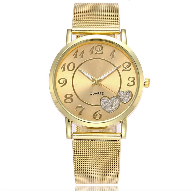 2 PCS Golden Alloy Mesh Belt Double Heart Watch for Ladies