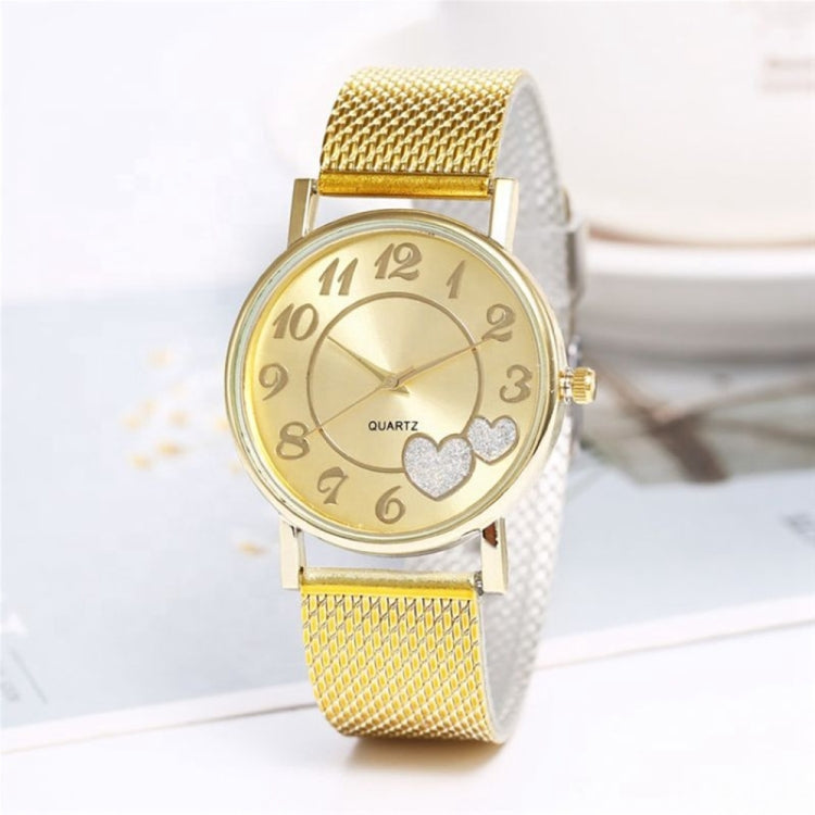 2 PCS Golden Alloy Mesh Belt Double Heart Watch for Ladies