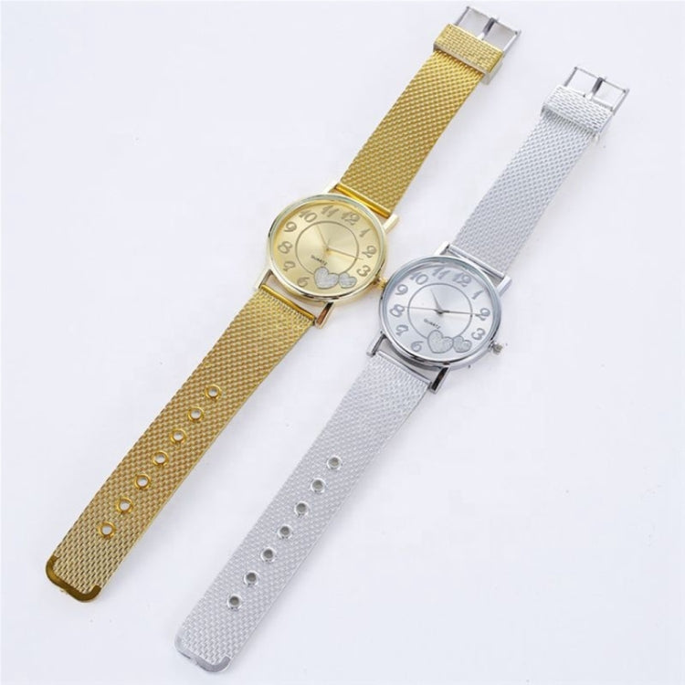 2 PCS Golden Alloy Mesh Belt Double Heart Watch for Ladies