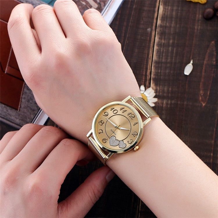 2 PCS Golden Alloy Mesh Belt Double Heart Watch for Ladies