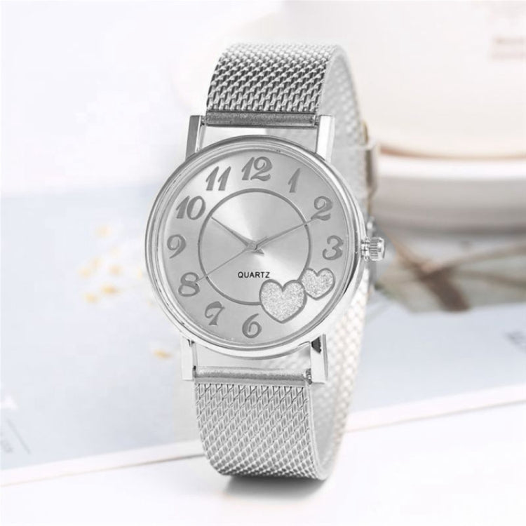 2 PCS Golden Alloy Mesh Belt Double Heart Watch for Ladies