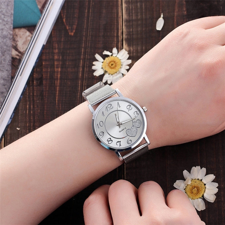 2 PCS Golden Alloy Mesh Belt Double Heart Watch for Ladies