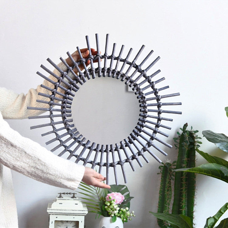 Creative Art Decoration Round Mirror  Living Room Wall Hanging Mirror, Style:Rattan decorative mirror dark gray