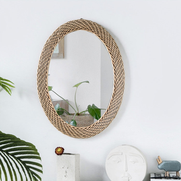 Creative Art Decoration Round Mirror  Living Room Wall Hanging Mirror, Style:Rattan elliptical mirror L