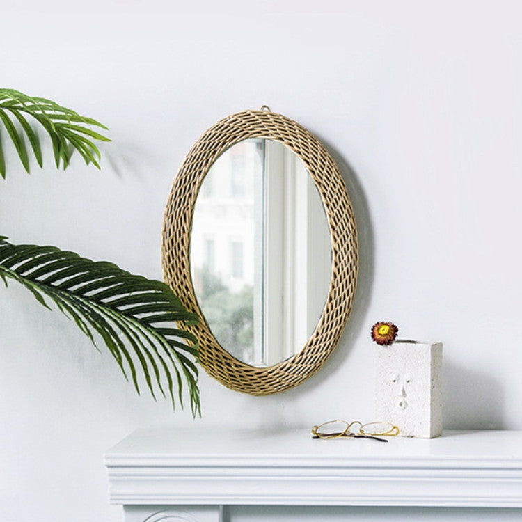 Creative Art Decoration Round Mirror  Living Room Wall Hanging Mirror, Style:Rattan elliptical mirror S