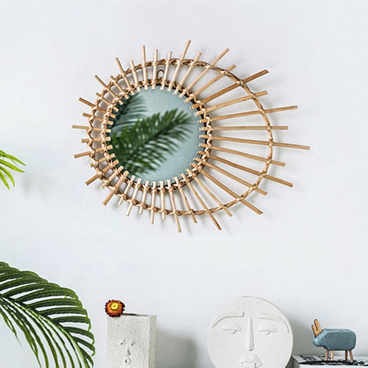 Creative Art Decoration Round Mirror  Living Room Wall Hanging Mirror, Style:Rattan decorative mirror B
