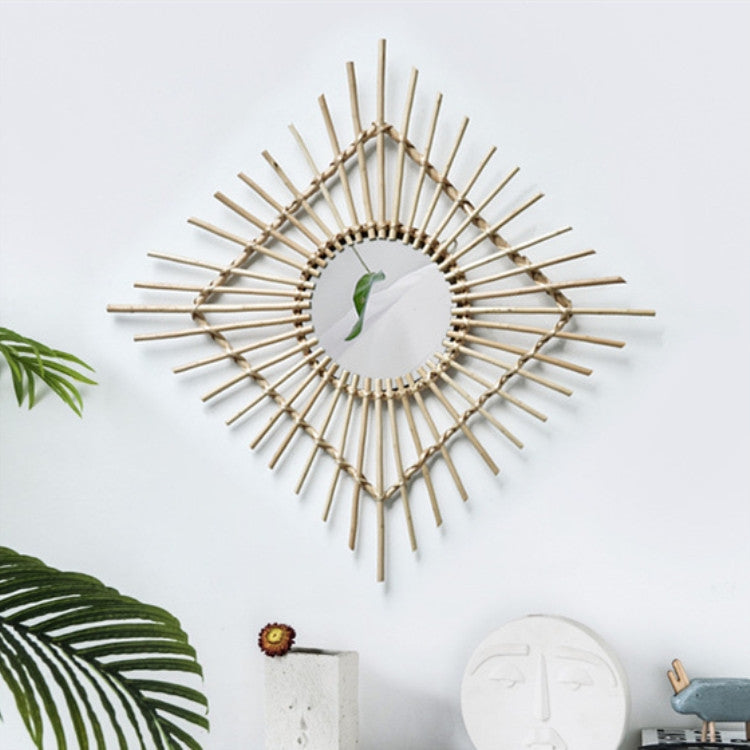 Creative Art Decoration Round Mirror  Living Room Wall Hanging Mirror, Style:Rattan decorative mirror square