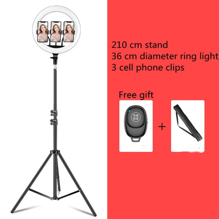 14 inch+3 Phone Clips Dimmable Color Temperature LED Ring Fill Light Live Broadcast Set With 2.1m Tripod Mount, CN Plug