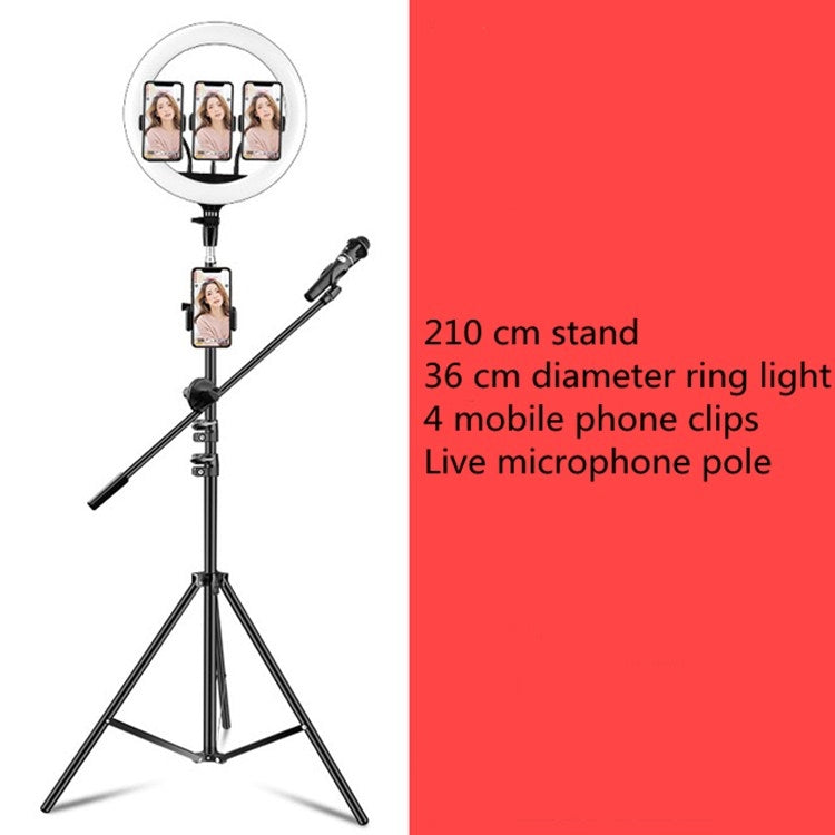 14 inch+4 Phone Clips+Microphone Pole Dimmable Color Temperature LED Ring Fill Light Live Broadcast Set With 2.1m Tripod Mount, CN Plug