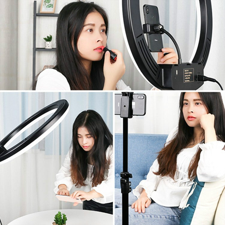 18 inch+6 Phone Clips Dimmable Color Temperature LED Ring Fill Light Live Broadcast Set With 2.1m Tripod Mount, CN Plug