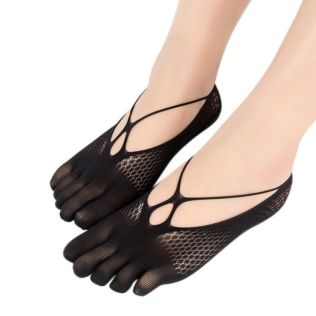 5 Pairs Solid Color Mesh Antiskid Low Cut Five Finger Toe Socks Women Breathable Invisible Sock, Size:One Size
