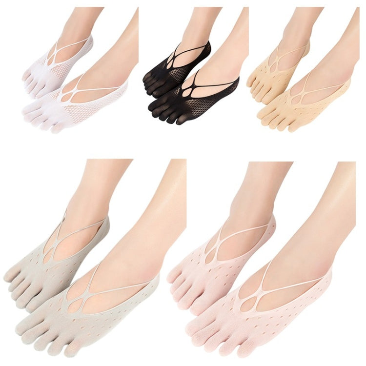 5 Pairs Solid Color Mesh Antiskid Low Cut Five Finger Toe Socks Women Breathable Invisible Sock, Size:One Size