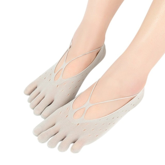 5 Pairs Solid Color Mesh Antiskid Low Cut Five Finger Toe Socks Women Breathable Invisible Sock, Size:One Size