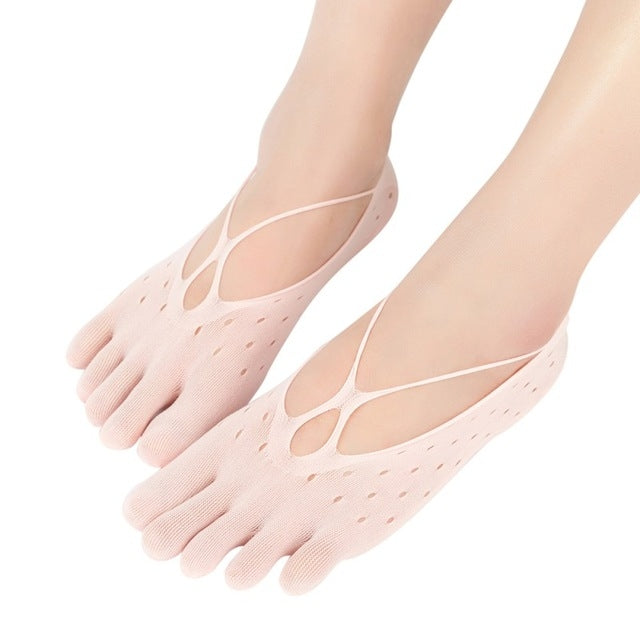 5 Pairs Solid Color Mesh Antiskid Low Cut Five Finger Toe Socks Women Breathable Invisible Sock, Size:One Size