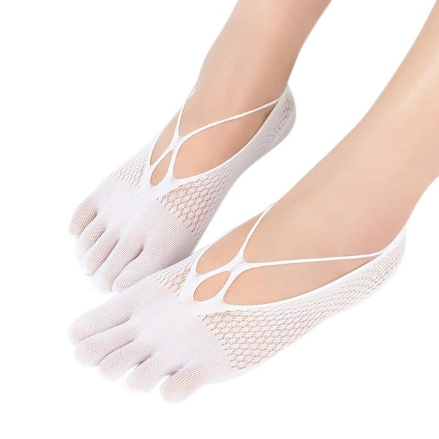 5 Pairs Solid Color Mesh Antiskid Low Cut Five Finger Toe Socks Women Breathable Invisible Sock, Size:One Size