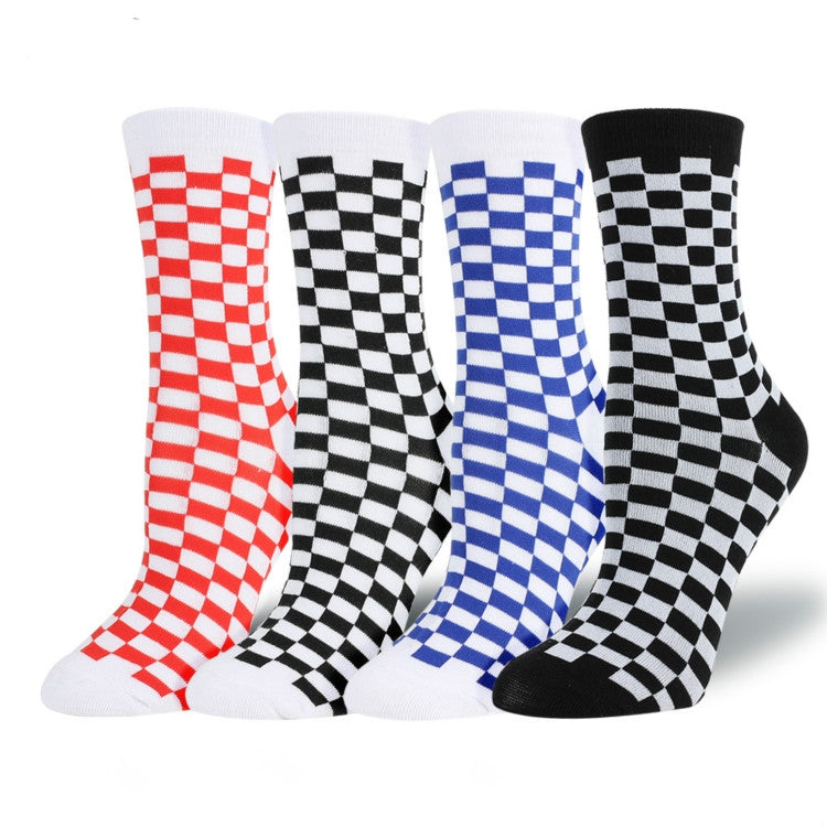 3 Pairs Harajuku Trendy Checkerboard Geometric Cotton Socks, Size:One Size