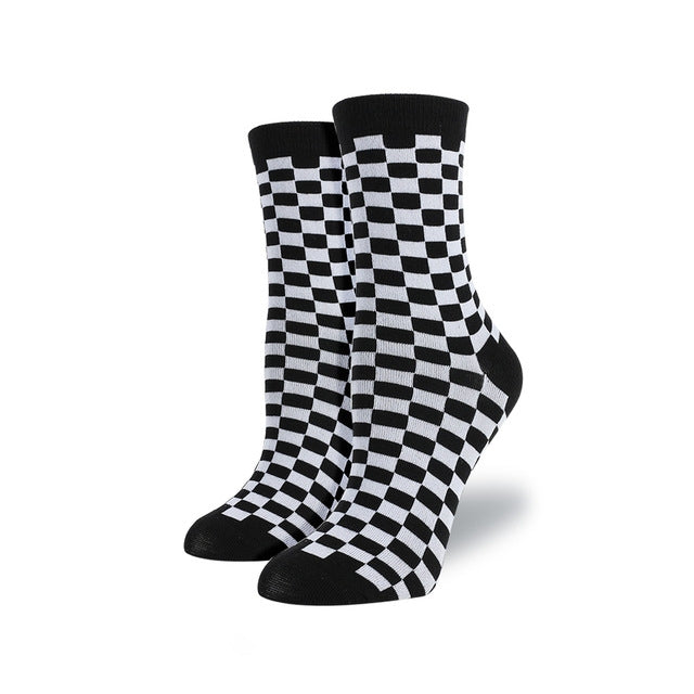 3 Pairs Harajuku Trendy Checkerboard Geometric Cotton Socks, Size:One Size