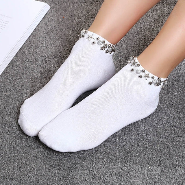 Handmade Diamond Studs Fashion College Style Socks, Size:One Size(White)