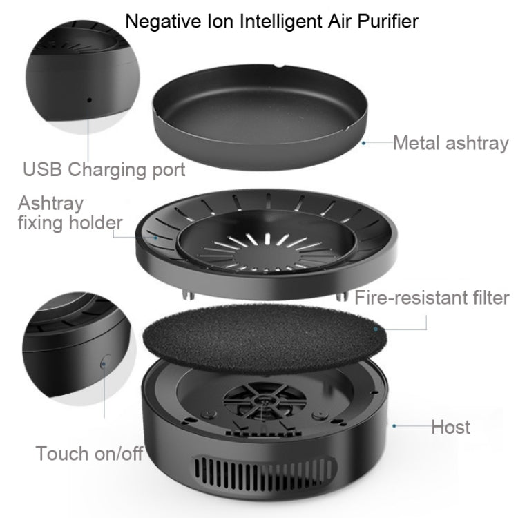 Multifunctional Ashtray Negative Ion Intelligent Air Purifier PM2.5 Home Car Smart Air Freshener Air Cleaner(Black)