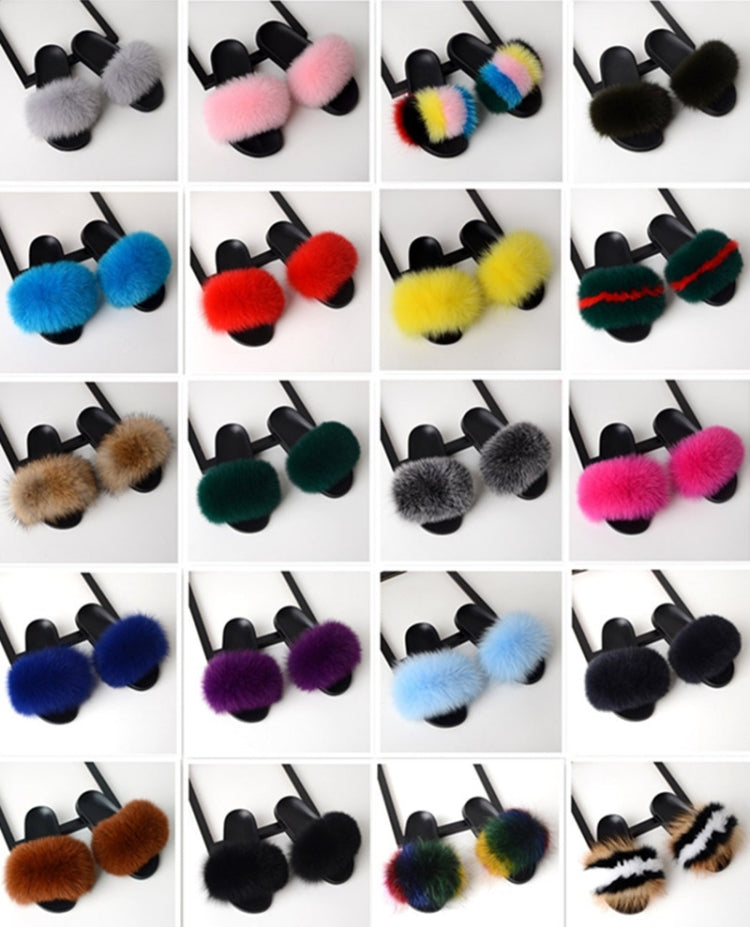 Fox Fur Slippers Flip-flops Non-slip Flat Fur Shoes Sandals for Women, Shoe Size:38-39(24cm)