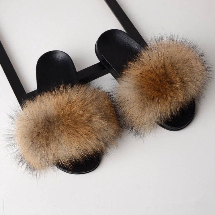 Fox Fur Slippers Flip-flops Non-slip Flat Fur Shoes Sandals for Women, Shoe Size:40-41(25cm)