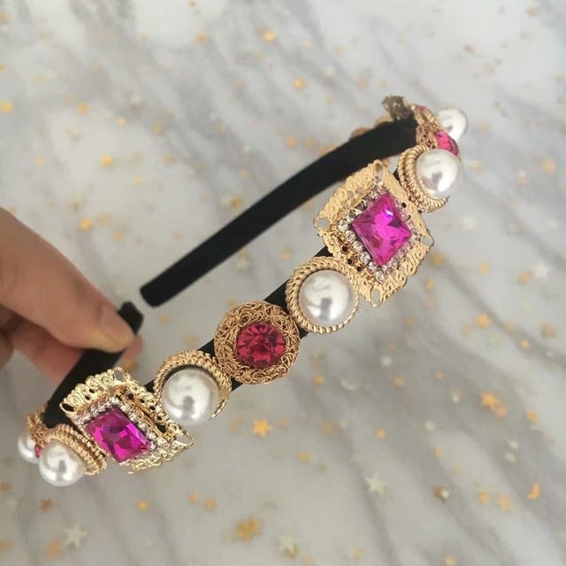 Baroque Retro Square Gemstone Pearl Simple Multicolor Wild Headband(Purple)