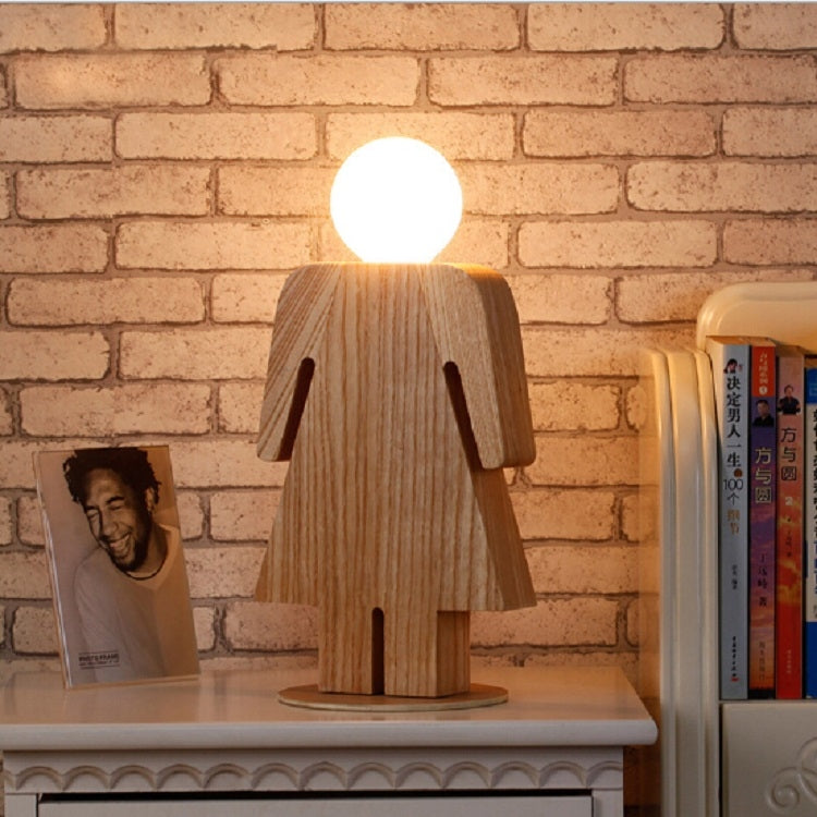 E27 220V Girl Boy Modeling Wooden Table Lamp Suitable for Living Room Bedside Bedroom Reading Lighting, Style:Girl, Size:S