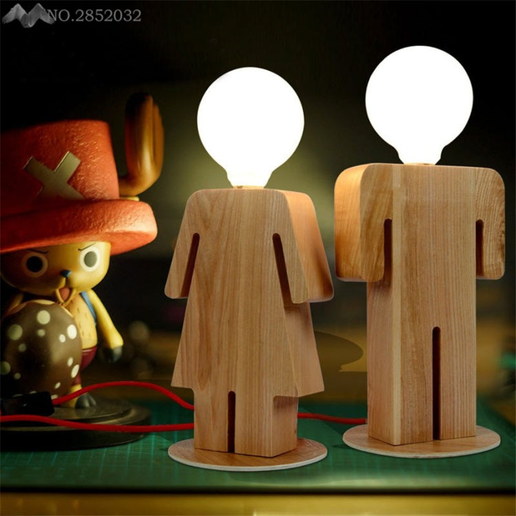 E27 220V Girl Boy Modeling Wooden Table Lamp Suitable for Living Room Bedside Bedroom Reading Lighting, Style:Boy, Size:S