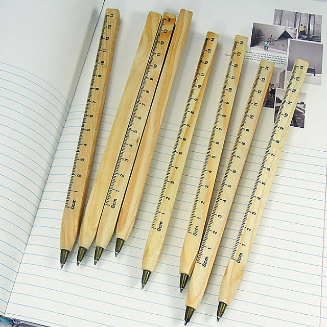 2 PCS Novelty Handmade Wooden Environmental Ruler Design DIY Multifunction Ballpoint Pen Writing Supplies