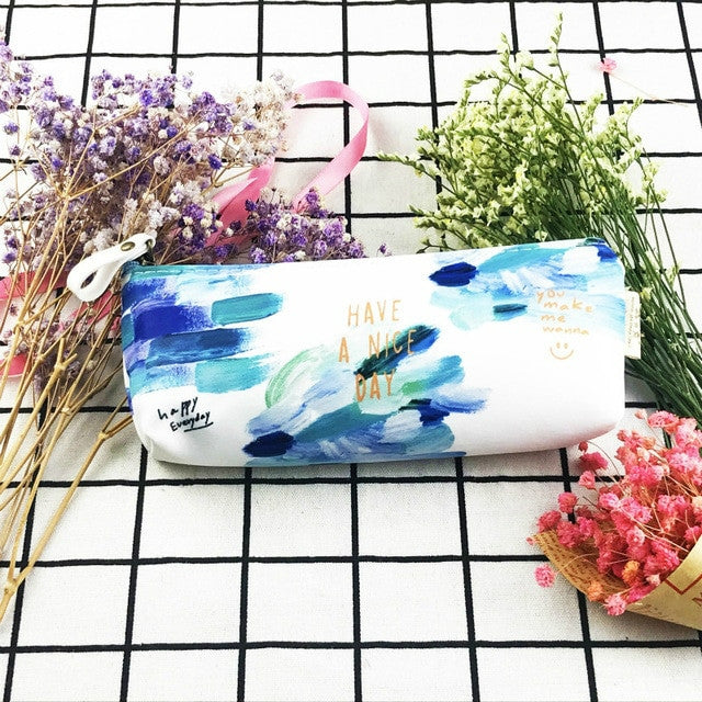 Kawaii Canvas Pencil Bags Cases Colorful Creative Brush Doodle Pouch School Supplies Stationery Pen Box