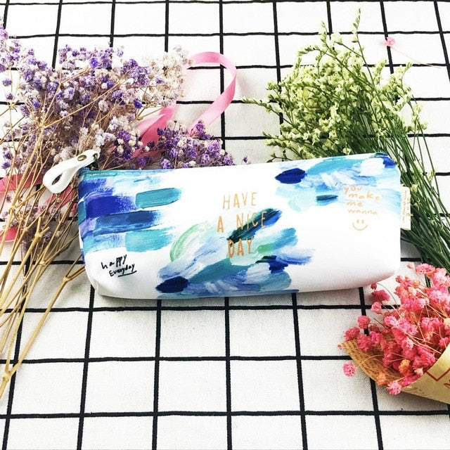 Kawaii Canvas Pencil Bags Cases Colorful Creative Brush Doodle Pouch School Supplies Stationery Pen Box