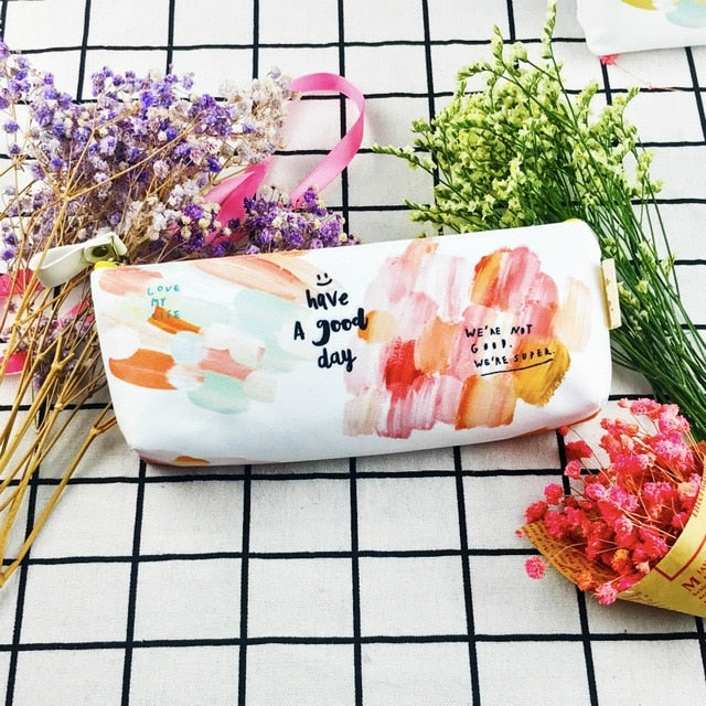 Kawaii Canvas Pencil Bags Cases Colorful Creative Brush Doodle Pouch School Supplies Stationery Pen Box
