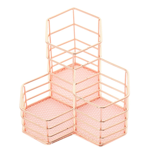 2 PCS Pen Cup Holder Desk Hexagon Iron Hollow Makeup Brush Organizer Stationery Storage Container Hexagonal Penholder(Rose Gold)
