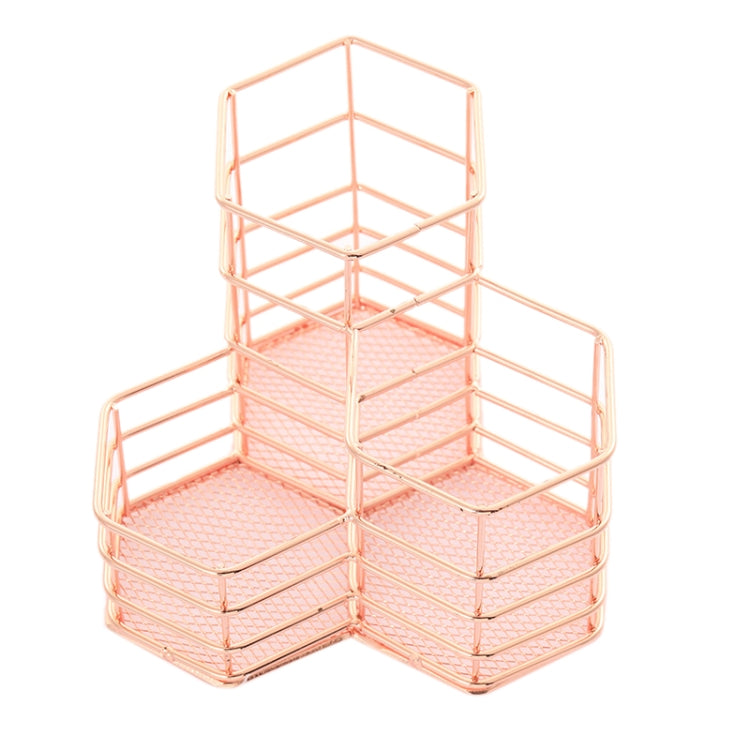 2 PCS Pen Cup Holder Desk Hexagon Iron Hollow Makeup Brush Organizer Stationery Storage Container Hexagonal Penholder(Rose Gold)