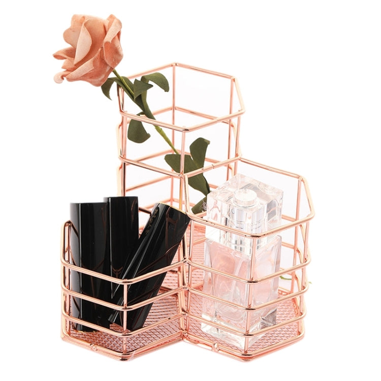 2 PCS Pen Cup Holder Desk Hexagon Iron Hollow Makeup Brush Organizer Stationery Storage Container Hexagonal Penholder(Rose Gold)