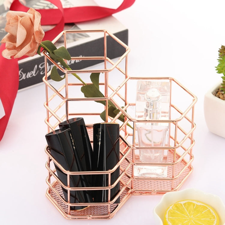 2 PCS Pen Cup Holder Desk Hexagon Iron Hollow Makeup Brush Organizer Stationery Storage Container Hexagonal Penholder(Rose Gold)