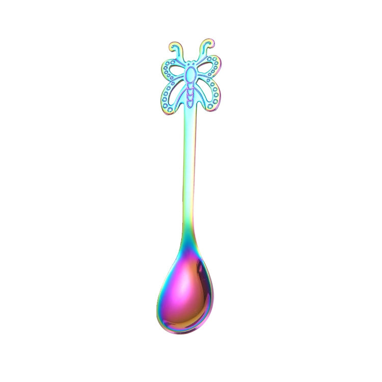 Multicolor Stainless Steel Butterfly Coffee Spoon Fruit Cold Drink Ice Cream Dessert Tea Spoon, Color:Rainbow