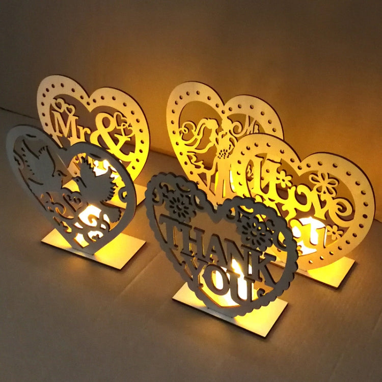 2 PCS Creative Heart Shaped Wooden Decoration Romantic Wooden Sign LED Candle Light