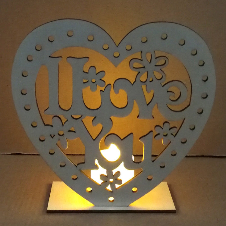 2 PCS Creative Heart Shaped Wooden Decoration Romantic Wooden Sign LED Candle Light